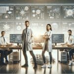 Equipo de ingenieros trabajando en un laboratorio con pantallas digitales y maquetas tecnológicas