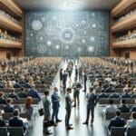 Auditorio moderno con emprendedores y empresarios en pleno networking durante un evento tecnológico