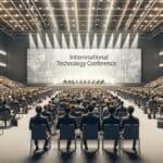 Auditorio moderno lleno de asistentes durante una conferencia tecnológica internacional
