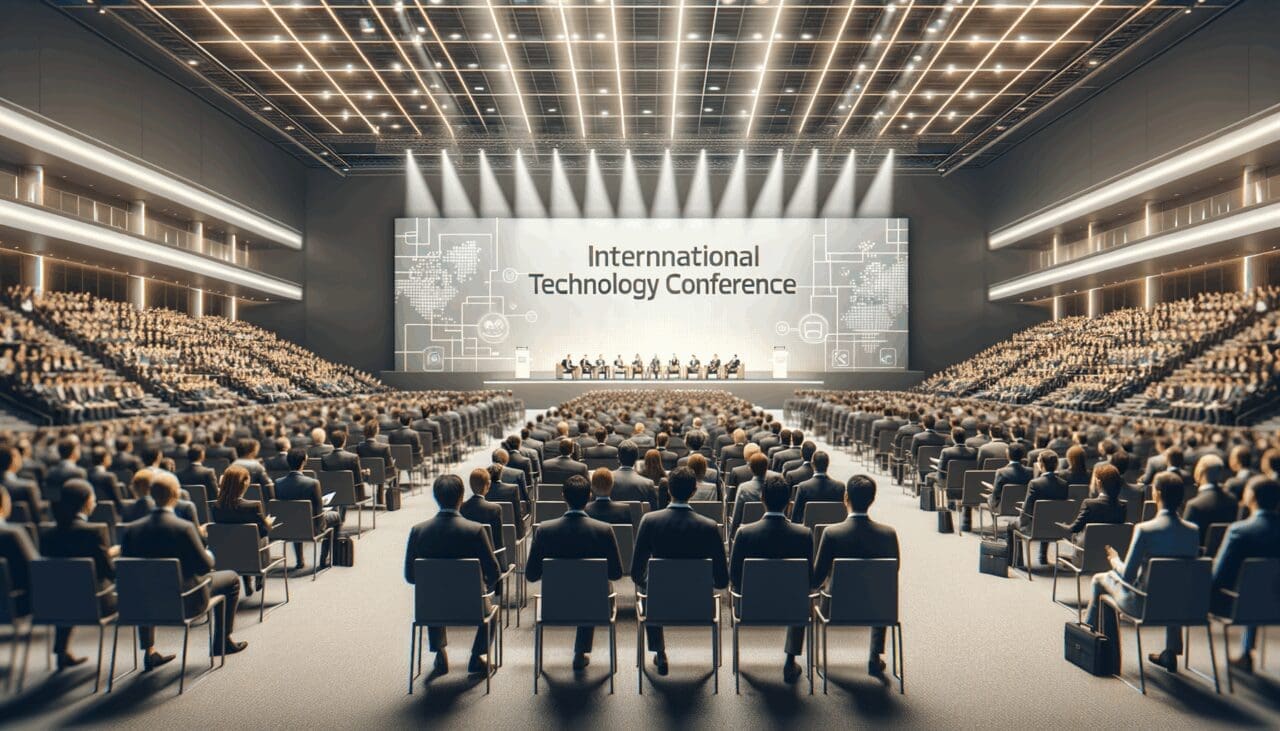 Auditorio moderno lleno de asistentes durante una conferencia tecnológica internacional