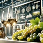 Primer plano de una bodega moderna con uvas, copas de vino y una pantalla digital en segundo plano