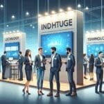 Emprendedores en un evento tecnológico con stands y pantallas digitales.