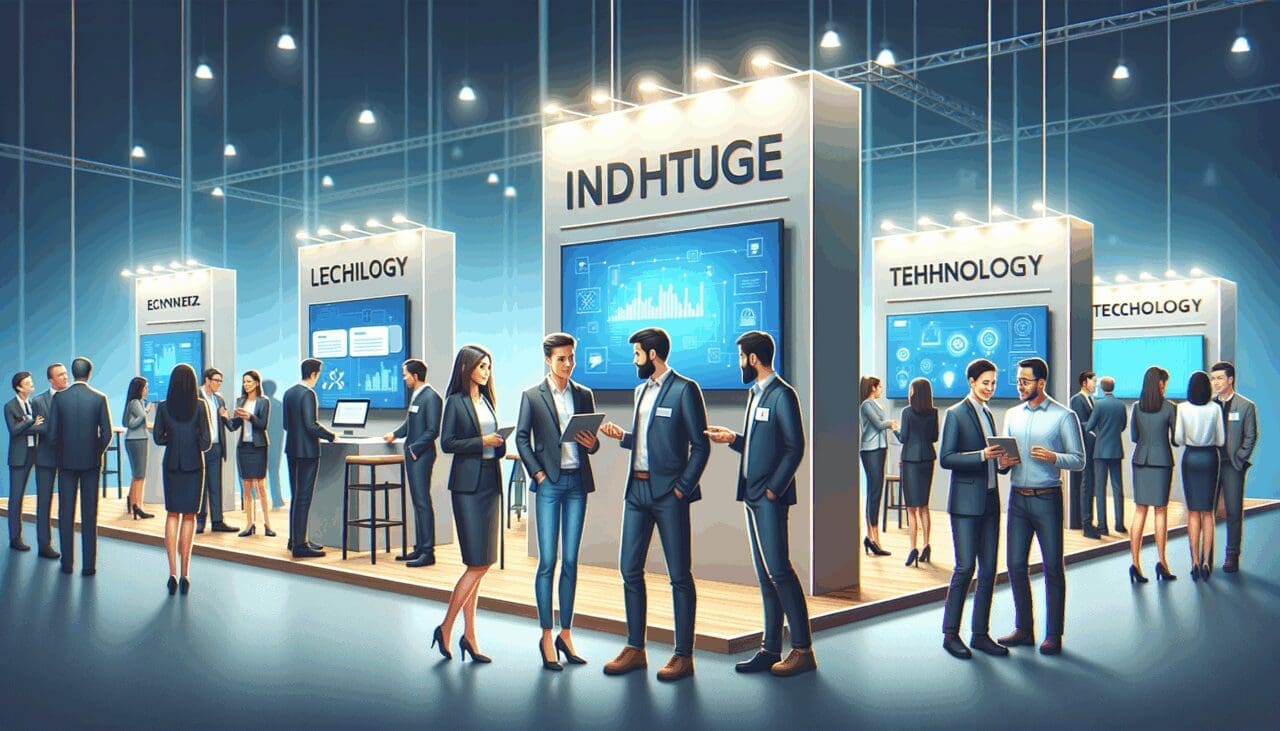 Emprendedores en un evento tecnológico con stands y pantallas digitales.