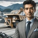 Retrato corporativo de un ejecutivo en una operación minera a cielo abierto, con maquinaria y montañas al fondo