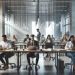 Oficinas modernas con emprendedores trabajando en laptops en un espacio de coworking luminoso