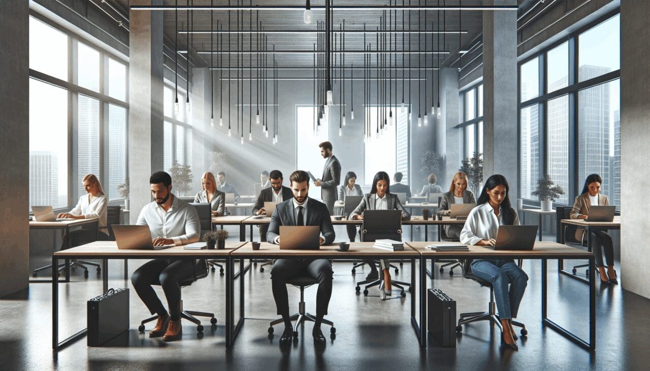 Oficinas modernas con emprendedores trabajando en laptops en un espacio de coworking luminoso