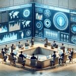 Render 3D de una sala de juntas virtual con gráficos de datos y avatares interactuando