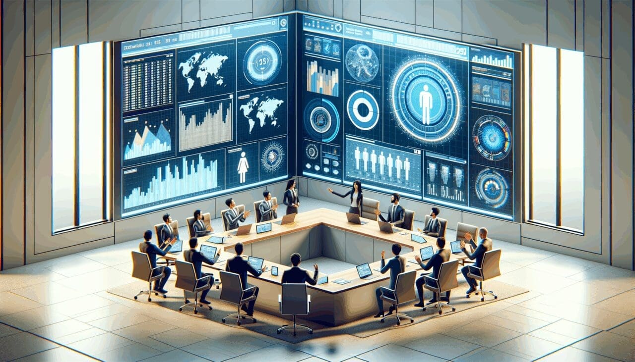Render 3D de una sala de juntas virtual con gráficos de datos y avatares interactuando