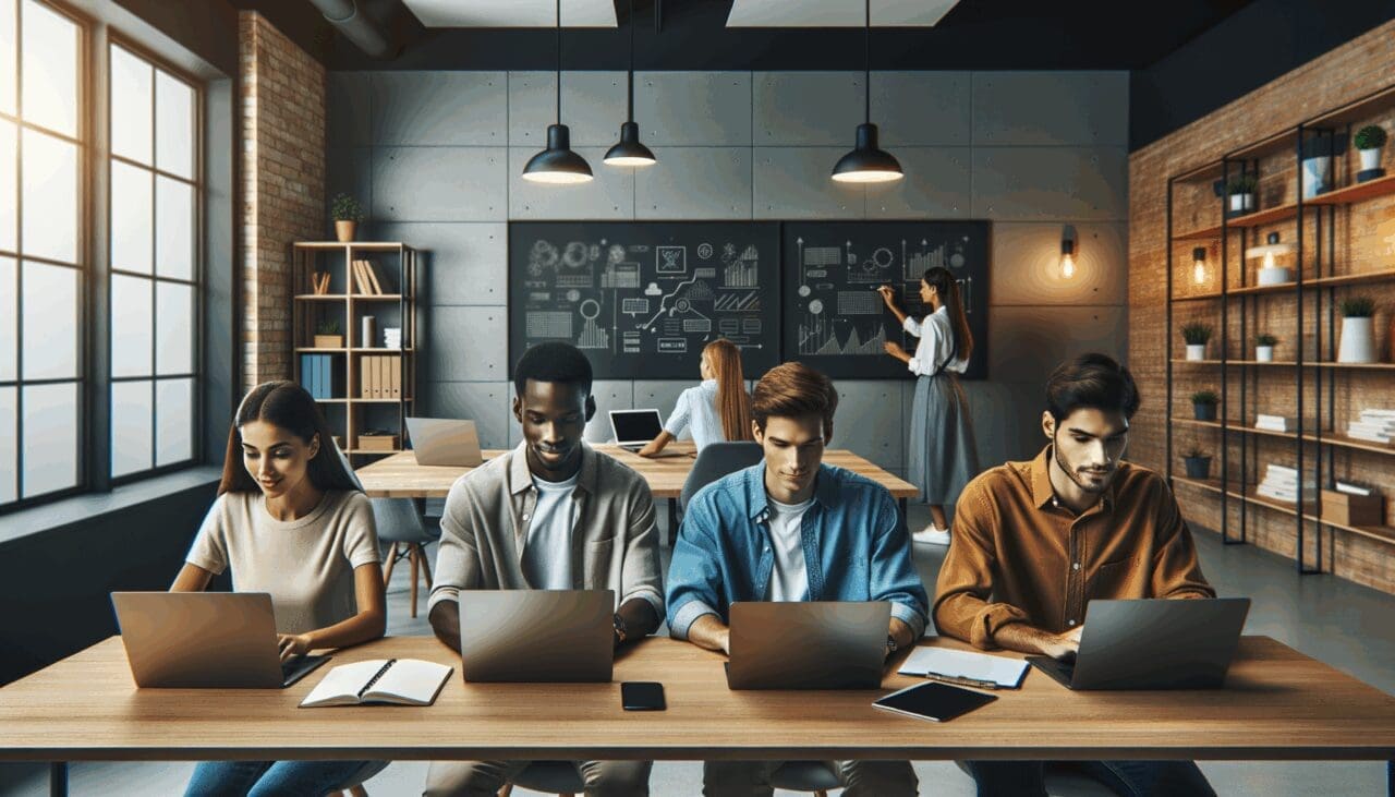 Tres jóvenes emprendedores trabajando en laptops en una oficina moderna con pizarras y pantallas tecnológicas.