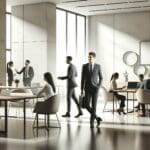 Espacio de trabajo moderno con empleados colaborando en una oficina.