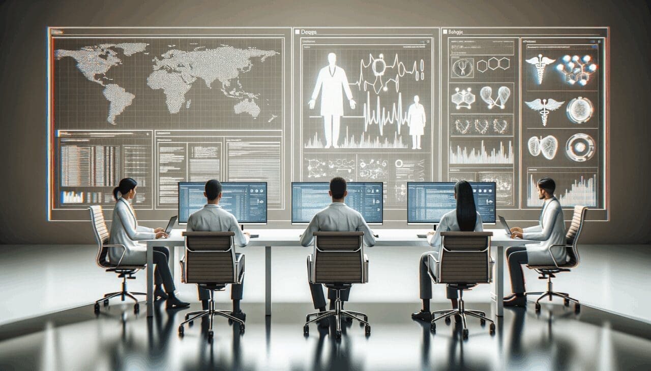 Equipo de desarrolladores revisando datos médicos en pantallas digitales en un entorno tecnológico moderno