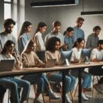 Personas jóvenes en una sala de coworking colaborando frente a pantallas digitales