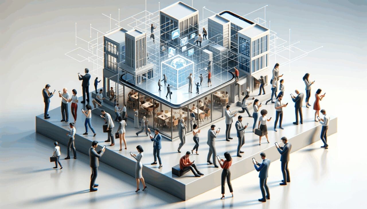 Render conceptual de un entorno virtual móvil con personas interactuando desde smartphones