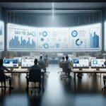 Oficina moderna con pantallas mostrando estadísticas de campañas publicitarias digitales