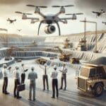 Equipo de ingenieros trabajando con sensores y drones en una mina a cielo abierto