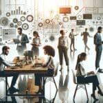 Grupo de emprendedores trabajando en una oficina moderna con elementos tecnológicos