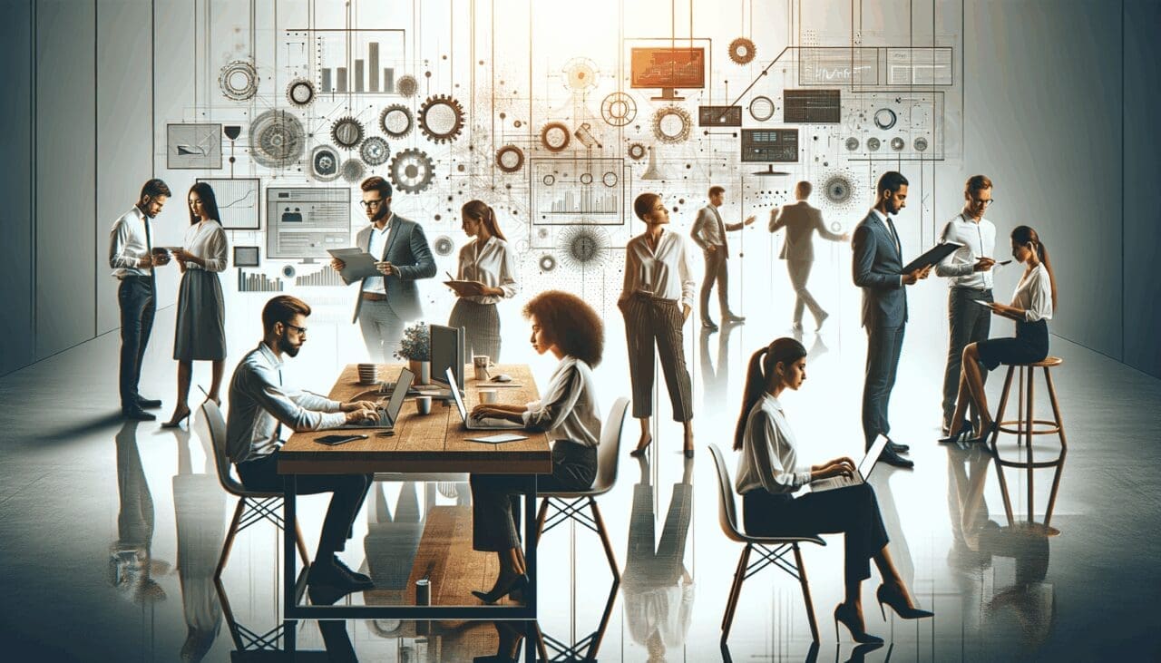 Grupo de emprendedores trabajando en una oficina moderna con elementos tecnológicos