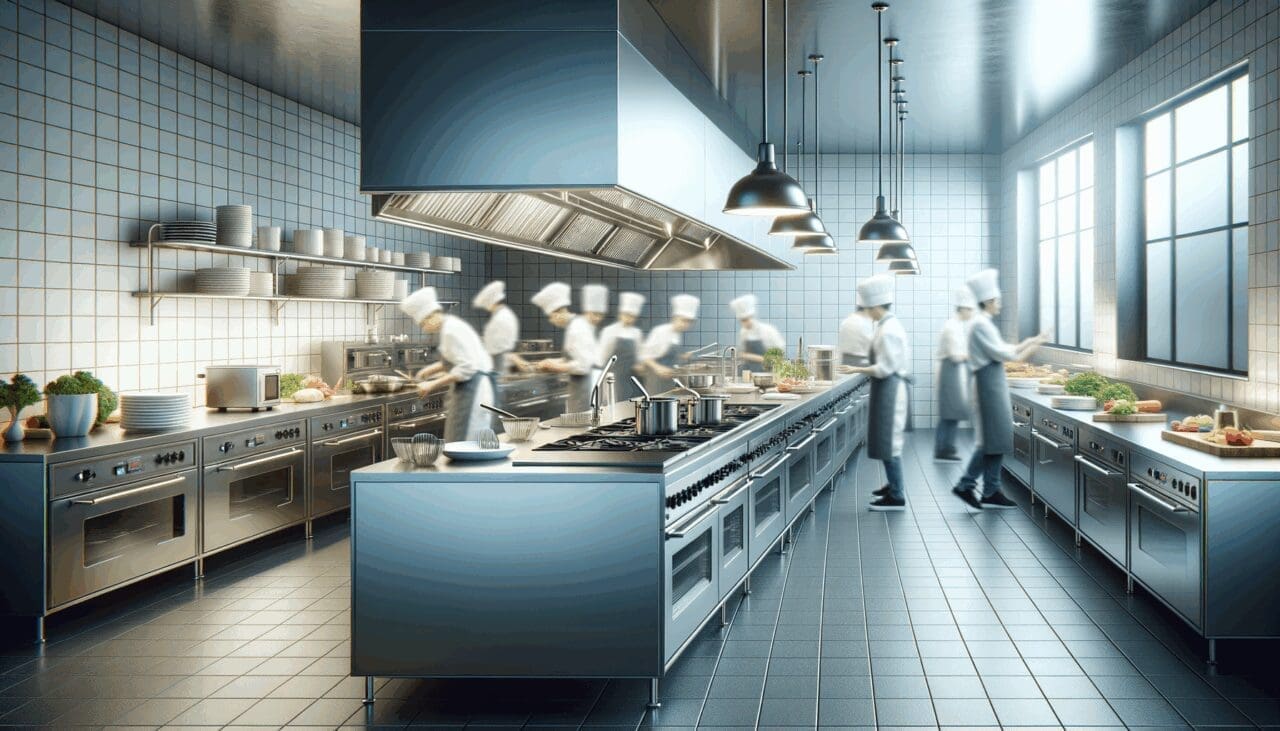 Cocina comercial moderna con equipos de acero y actividad en preparación de alimentos