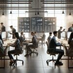 Oficina moderna con equipo joven trabajando frente a pantallas con datos y correos digitales