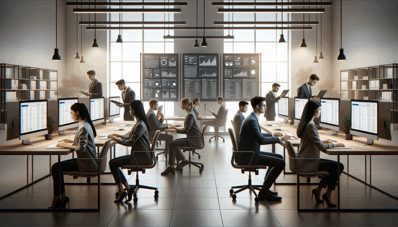 Oficina moderna con equipo joven trabajando frente a pantallas con datos y correos digitales
