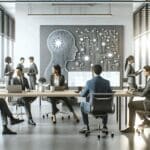 Oficina moderna con ingenieros trabajando en proyectos de inteligencia artificial