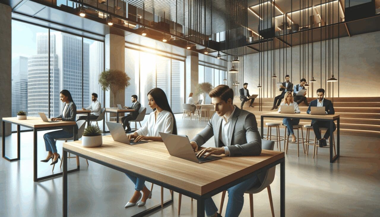 Coworking moderno con emprendedores latinos trabajando en laptops