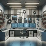 Interior de una oficina tecnológica con cables, sensores y dispositivos eléctricos conectados entre sí