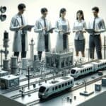 Equipo de ingenieros en un laboratorio tecnológico trabajando con sensores y sistemas ferroviarios