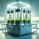 Laboratorio moderno con tanques de cultivo de microalgas iluminados con luz artificial