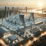 Planta de energía avanzada rodeada de equipos tecnológicos futuristas y naturaleza, al atardecer