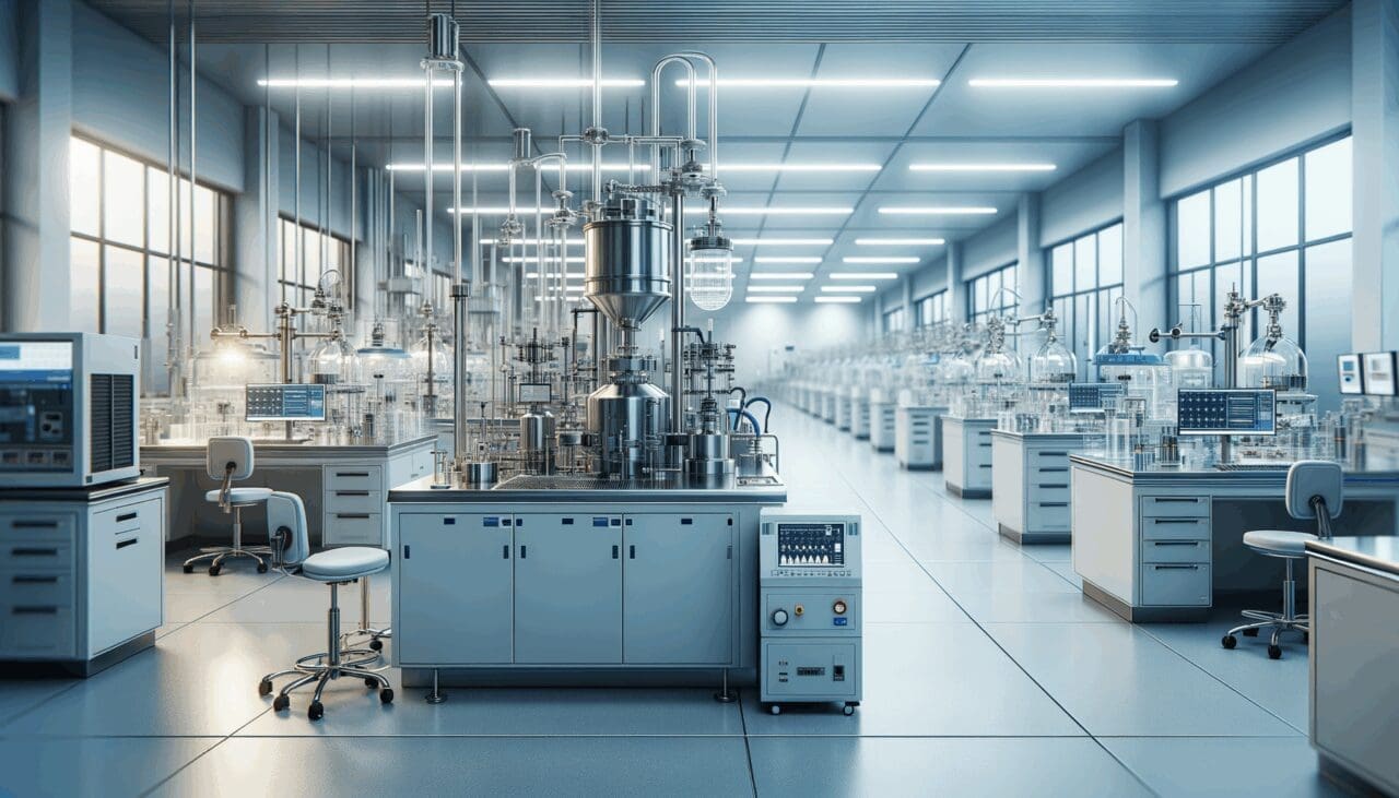 Laboratorio tecnológico con equipos industriales y científicos trabajando