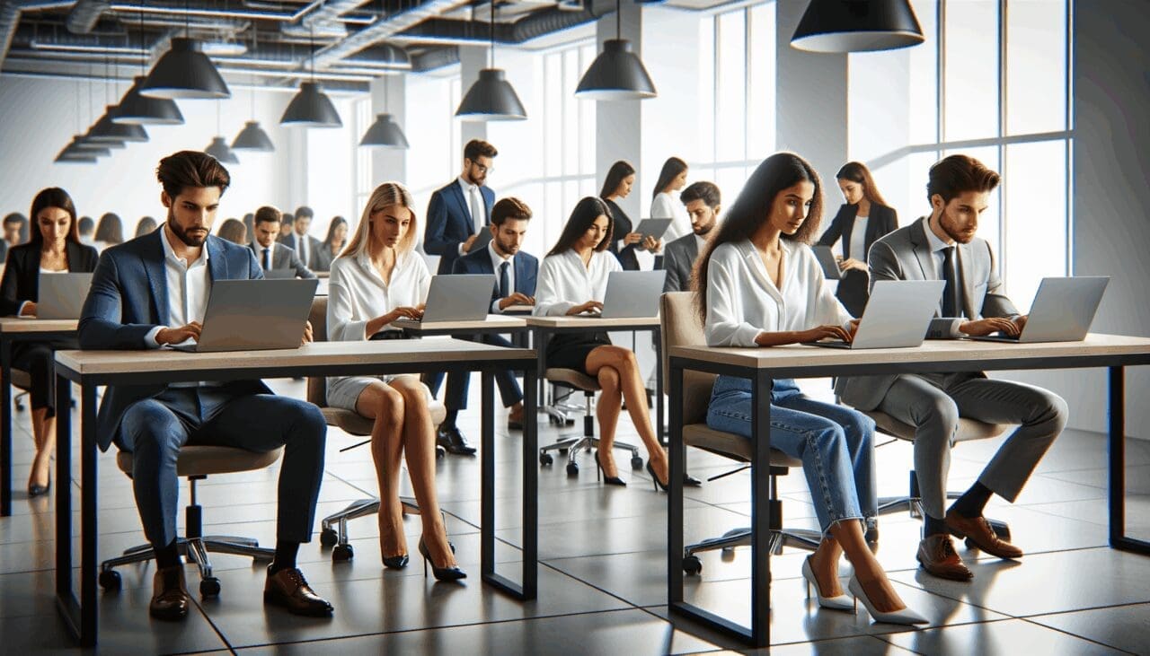 Oficinas modernas con equipos de jóvenes emprendedores trabajando en laptops