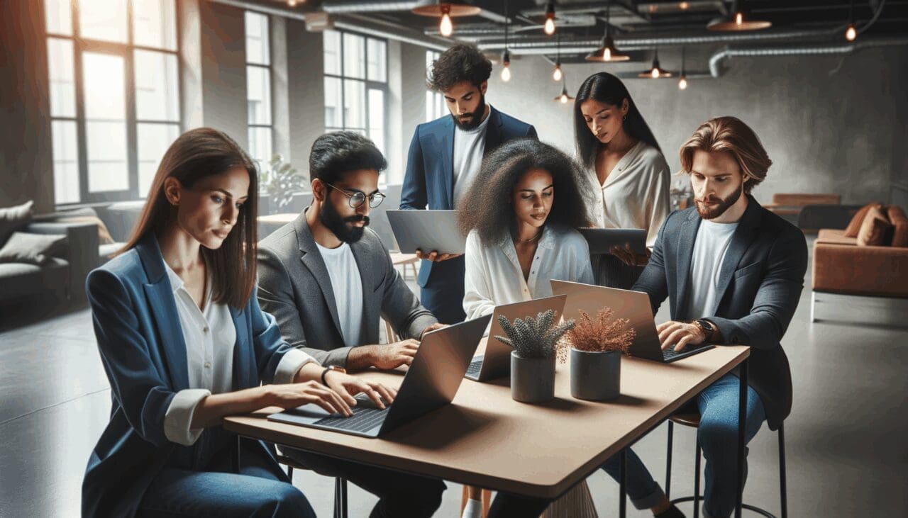 Equipo diverso de emprendedores trabajando en laptops en un espacio colaborativo moderno
