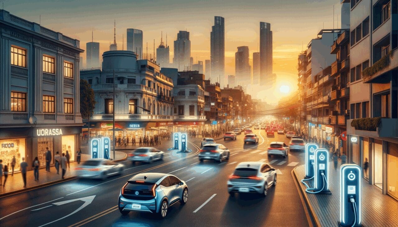 Ciudad latinoamericana con autos eléctricos circulando y estaciones de carga modernas al atardecer