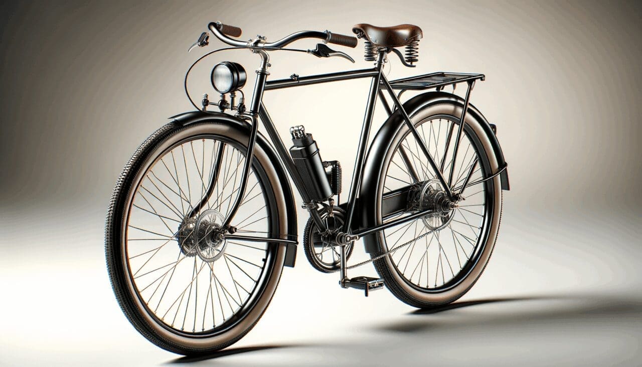 Primer plano de una bicicleta clásica equipada con un pequeño motor eléctrico modular