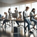 Oficina moderna con equipo de jóvenes emprendedores trabajando en tecnología.