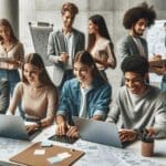 Jóvenes emprendedores en un evento de innovación con laptops y pizarras en un espacio moderno