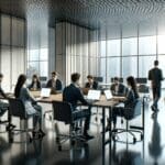 Oficina moderna con equipos trabajando en laptops en un entorno colaborativo y tecnológico