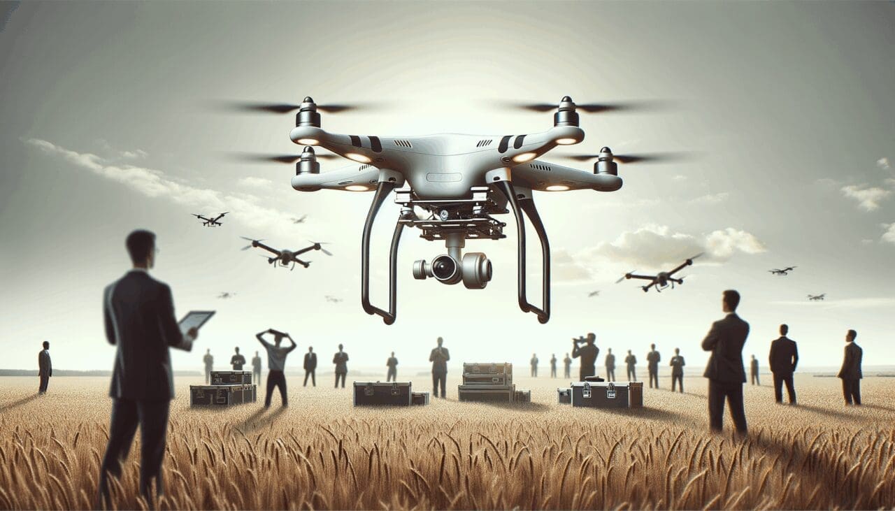 Drone volando sobre campo abierto con cielos claros y equipo técnico observando