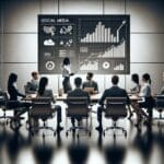 Equipo trabajando en una oficina moderna frente a una pantalla con gráficas de redes sociales