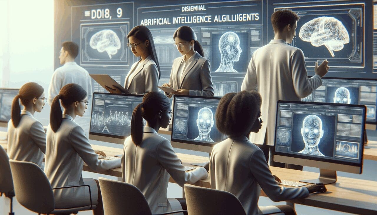 Investigadores trabajando frente a pantallas con algoritmos de inteligencia artificial en un entorno tecnológico