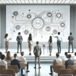 Jóvenes emprendedores en una presentación tecnológica en un auditorio moderno