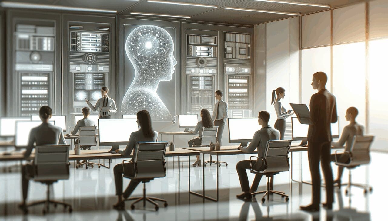 Equipo de ingenieros trabajando en inteligencia artificial en una oficina moderna con pantallas y servidores al fondo