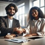 Dos jóvenes empresarios en una sala de reuniones moderna celebrando un acuerdo