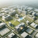 Vista aérea de un campus tecnológico rodeado de áreas verdes y edificios modernos