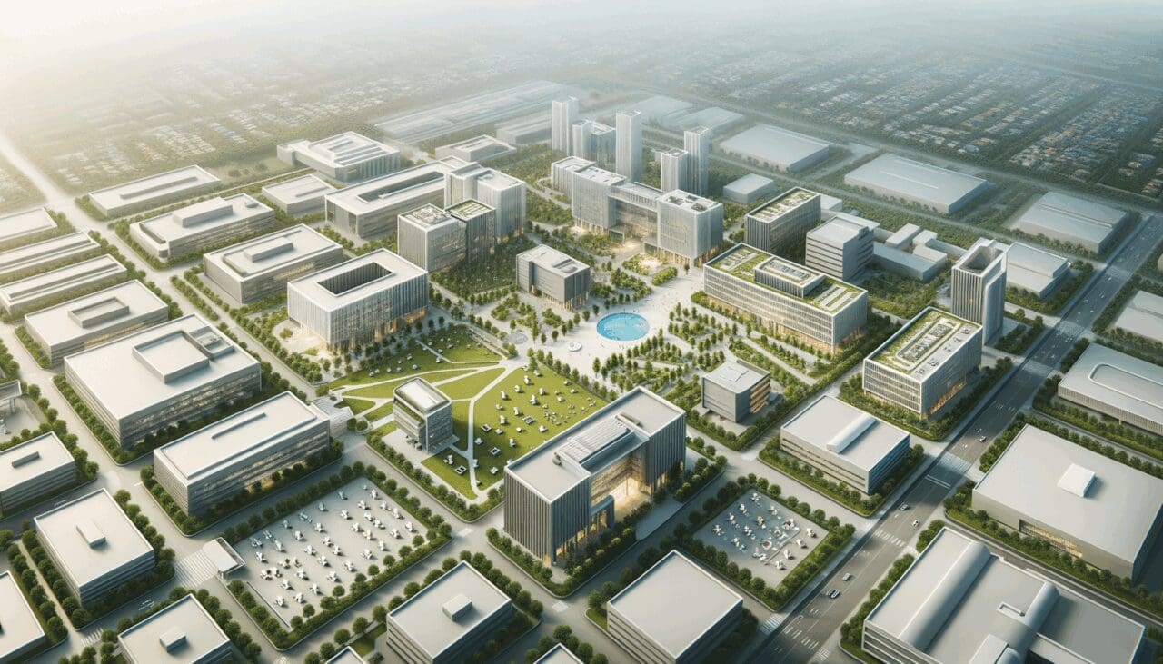 Vista aérea de un campus tecnológico rodeado de áreas verdes y edificios modernos
