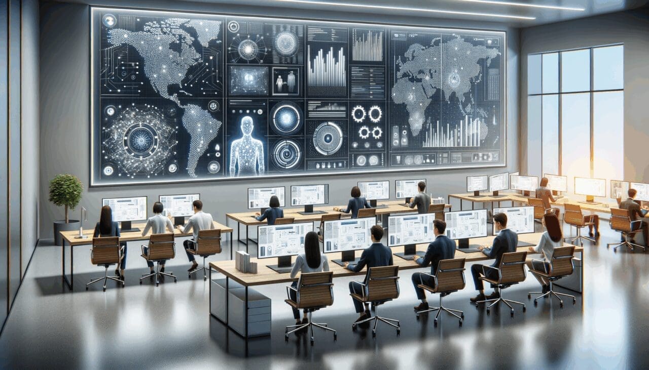 Oficinas modernas con equipo desarrollando inteligencia artificial en pantallas