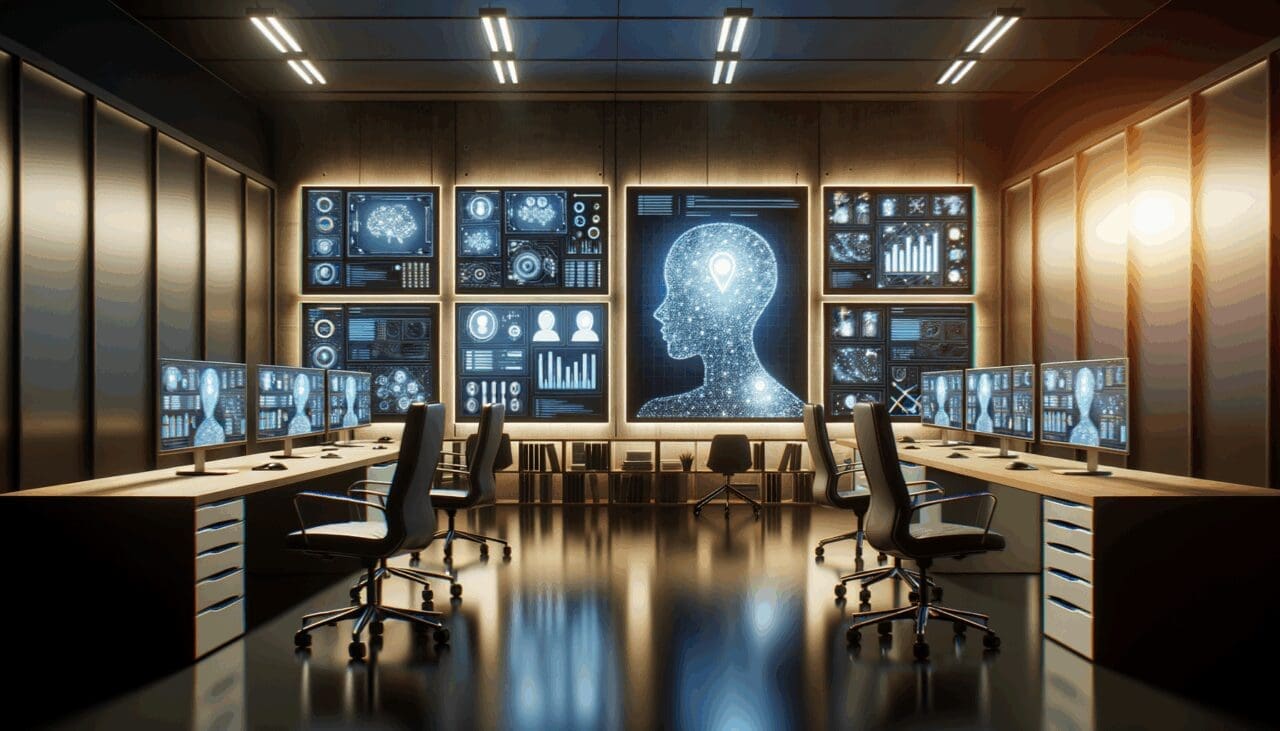 Oficina moderna de una startup tecnológica con luces tenues y pantallas con gráficos de inteligencia artificial