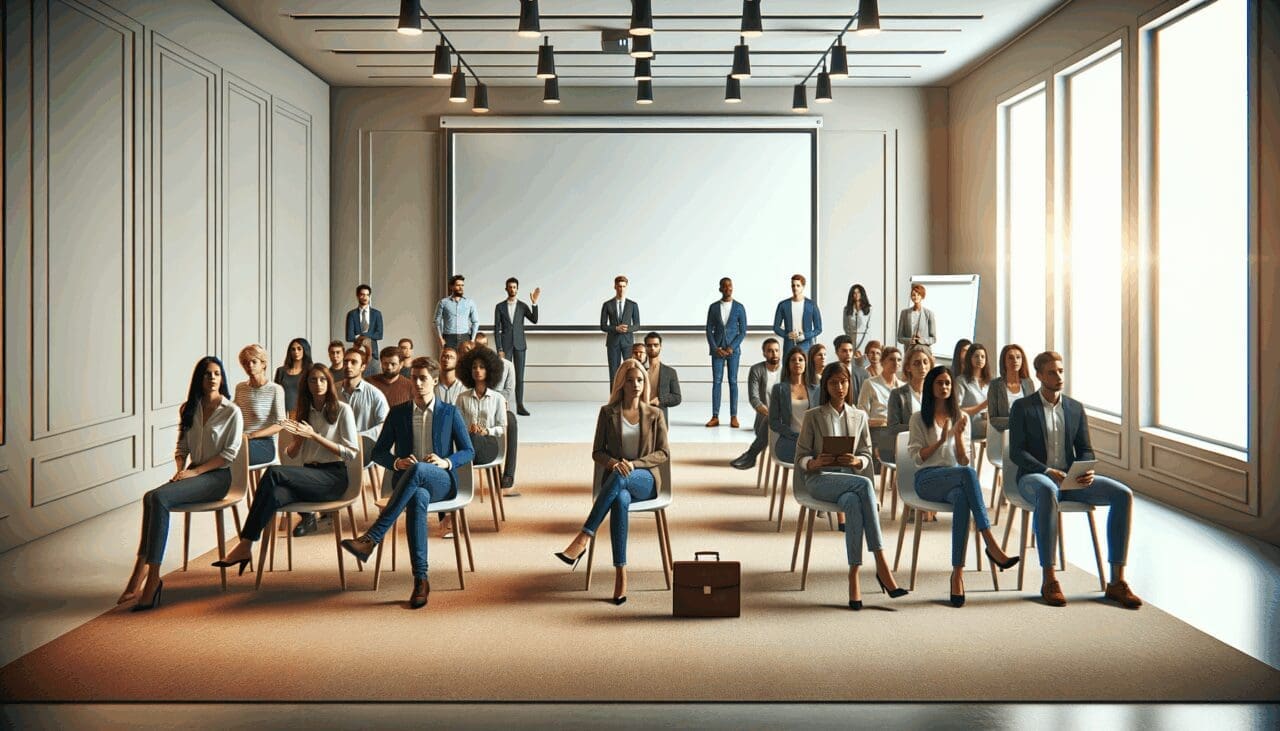 Emprendedores reunidos en una sala moderna durante una presentación de pitch