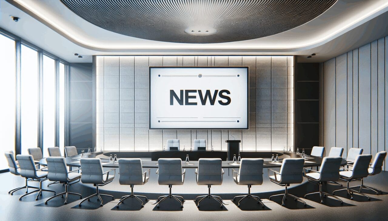 Salón de conferencias moderno con sillas vacías y una pantalla de presentación encendida